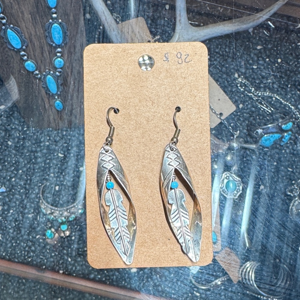 Artisan Silver Feather Earrings with Turquoise Detail